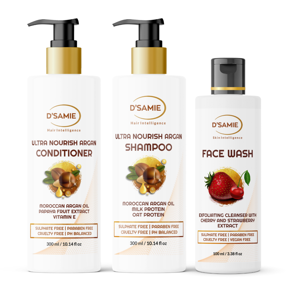 Ultra Nourish Argan Shampoo, Conditioner & Facewash Combo exfoliating cleanser with cherry and strawberry extrack