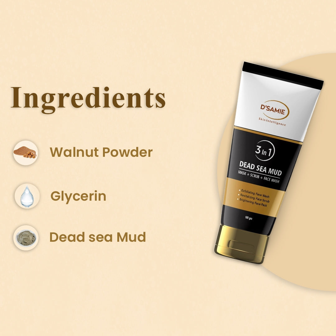 D'Samie Dead Sea Mud: The Ultimate 3-in-1 Mask, Scrub & Facewash for Radiant Skin - 100 gm