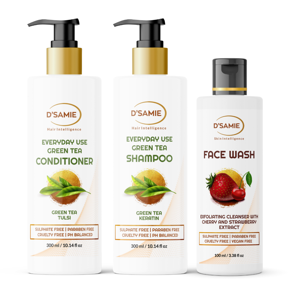 Green Tea Shampoo, Conditioner & Facewash Combo exfoliating cleanser with cherry and strawberry extrack | sulphate, paraben, cruelty & vegan free